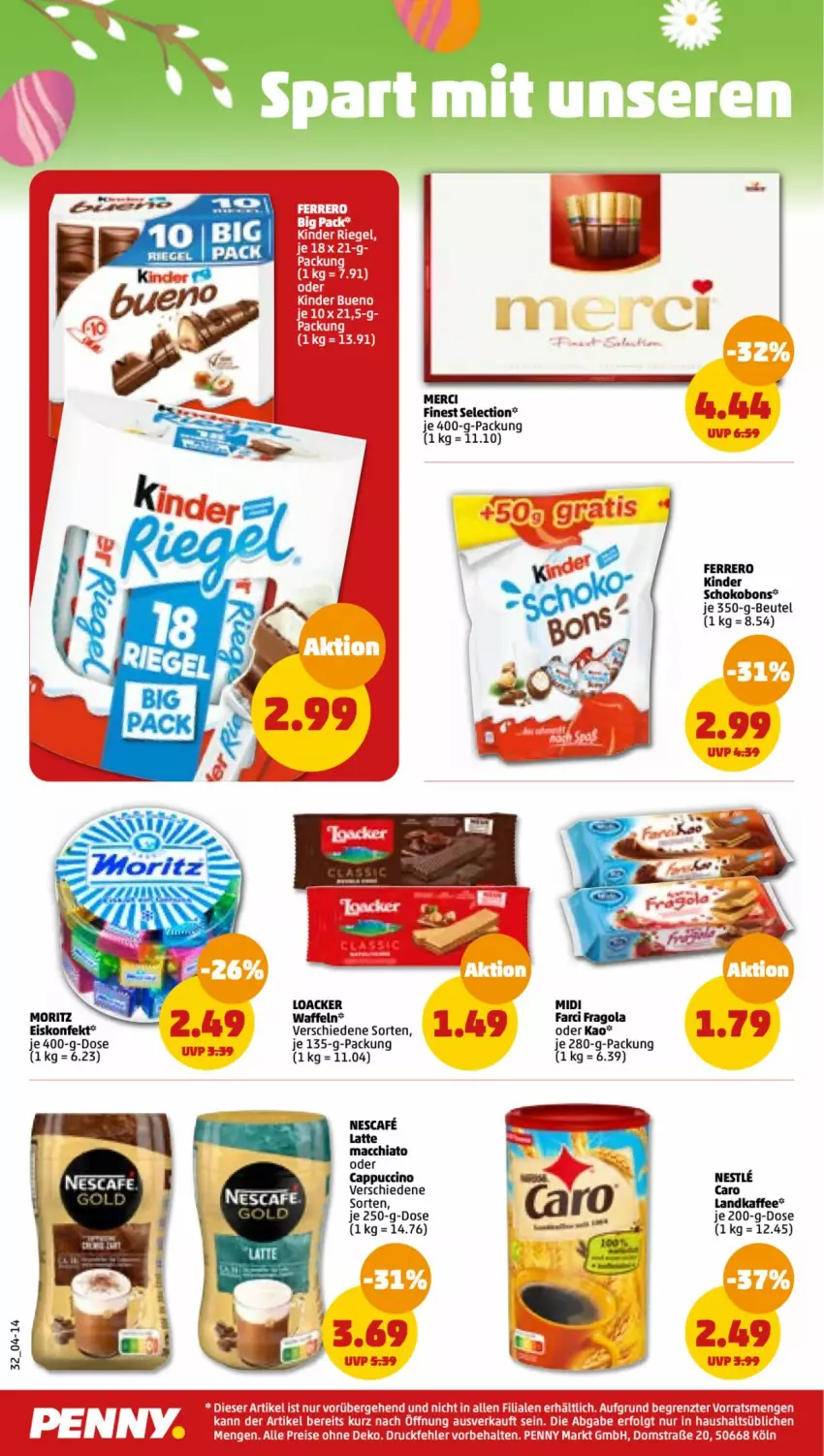 Aktueller Prospekt Penny - Prospekte - von 20.03 bis 25.03.2023 - strona 32 - produkty: ACC, beutel, Cap, cappuccino, chia, cin, eis, eiskonfekt, elle, ferrero, kaffee, Kinder, kinder bueno, kinder riegel, Kinder Schokobons, latte, latte macchiato, LG, mac, macchiato, ndk, nescafe, reis, riegel, schoko, Ti, waffeln, ZTE