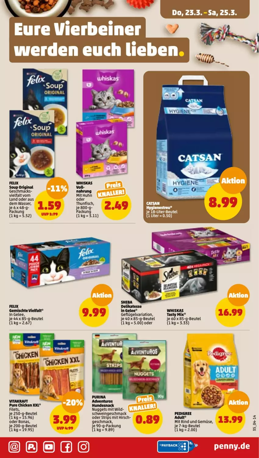 Aktueller Prospekt Penny - Prospekte - von 20.03 bis 25.03.2023 - strona 35 - produkty: adventuros, beutel, Bona, felix, fisch, Geflügel, gelee, gin, hundesnack, mac, nuggets, pedigree, Ria, rind, schwein, snack, thunfisch, Ti, und gemüse, wasser, wein, whiskas, Wild