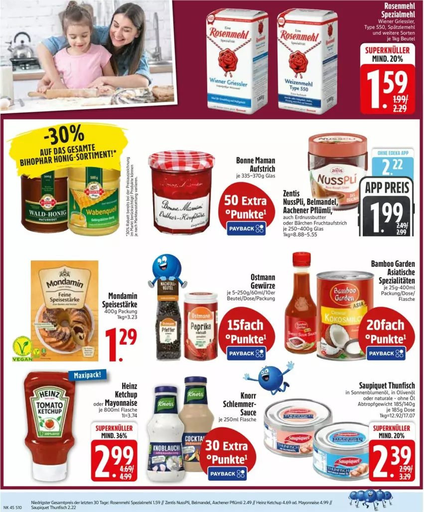 Aktueller Prospekt Edeka - Prospekte - von 03.11 bis 08.11.2025 - strona 10 - produkty: aufstrich, bamboo, Belmandel, beutel, blume, blumen, blumenöl, butter, deka, eis, erdnuss, Erdnussbutter, fisch, flasche, frucht, fruchtaufstrich, heinz, in olivenöl, ketchup, mandel, mayonnaise, mondamin, natur, natura, nuss, nusspli, olive, oliven, olivenöl, reis, rum, sauce, saupiquet, sonnenblume, sonnenblumen, sonnenblumenöl, Spezi, thunfisch, Ti, tisch, Yo, zentis