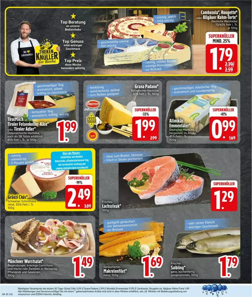 Aktueller Prospekt Edeka - Prospekte - von 03.11 bis 08.11.2025 - strona 16 - produkty: Abtei, burger, cambozola, filet, grana, grana padano, hartkäse, Käse, Kette, lachs, LG, mac, Makrele, milch, nuss, padano, Rana, regensburger, rel, rouge, rougette, salat, steak, Ti, torte, wurst
