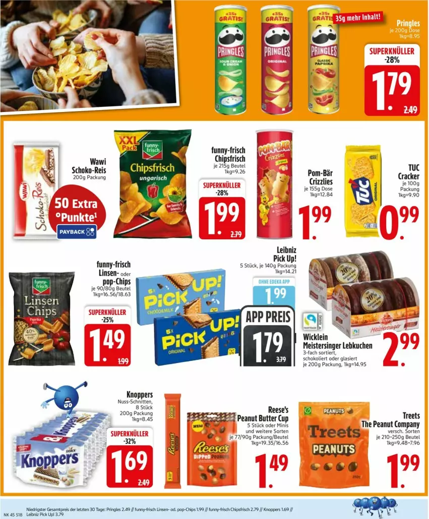 Aktueller Prospekt Edeka - Prospekte - von 03.11 bis 08.11.2025 - strona 18 - produkty: beutel, butter, chips, chipsfrisch, cracker, deka, eis, funny-frisch, knoppers, kuchen, Lebkuchen, leibniz, linsen, Meister, nuss, Pick Up!, pom-bär, pringles, reis, ring, schnitten, schoko, Ti, tuc, WICK, ZTE