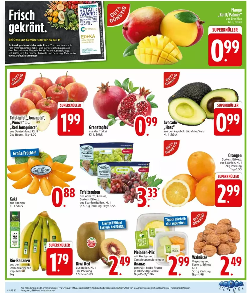 Aktueller Prospekt Edeka - Prospekte - von 03.11 bis 08.11.2025 - strona 2 - produkty: avocado, beutel, eier, eis, ente, frucht, honig, Kaki, melone, orange, orangen, Schal, Schale, tafeläpfel, tafeltrauben, Ti, trauben