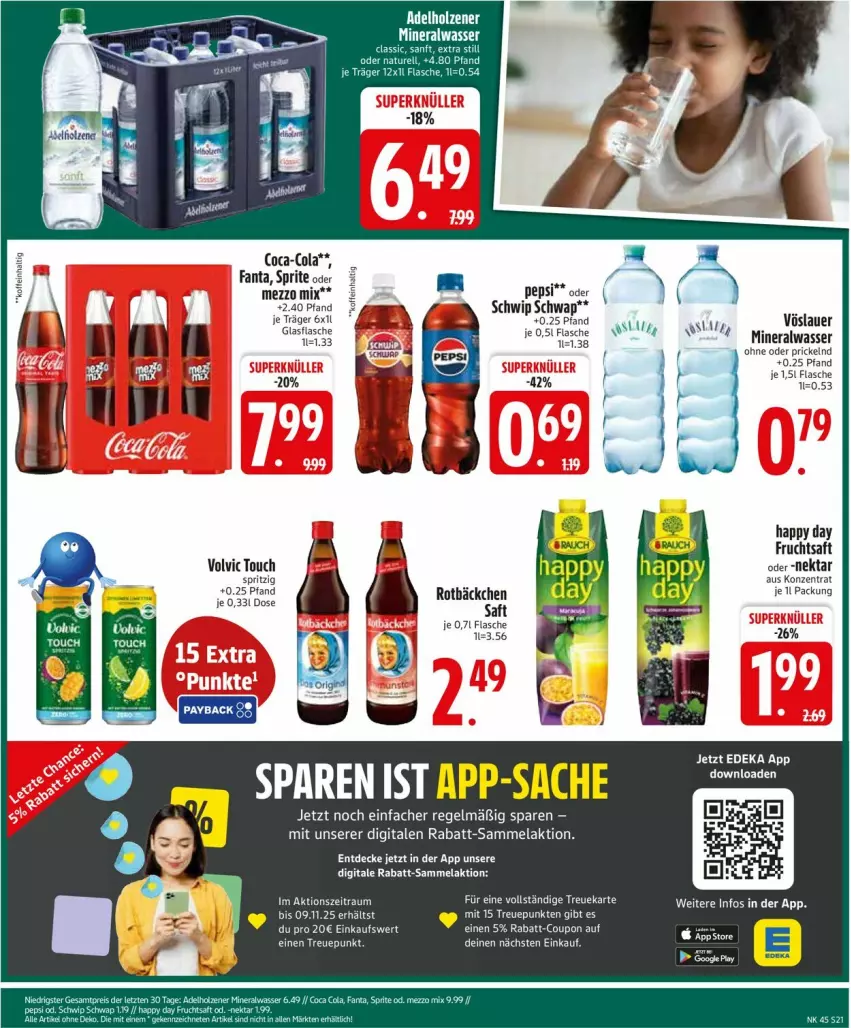 Aktueller Prospekt Edeka - Prospekte - von 03.11 bis 08.11.2025 - strona 21 - produkty: adelholzener, Alwa, auer, coca-cola, cola, coupon, decke, eis, fanta, flasche, frucht, fruchtsaft, glasflasche, Happy Day, Holz, Mezzo Mix, mineralwasser, Mineralwasser Classic, natur, Nektar, pepsi, rabatt-coupon, reis, rel, saft, Schwip Schwap, sprite, tee, Ti, volvic, vöslauer, wasser, ZTE