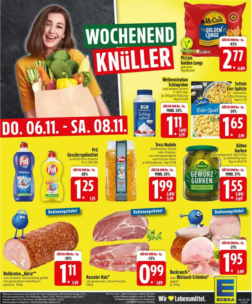 Aktueller Prospekt Edeka - Prospekte - von 03.11 bis 08.11.2025 - strona 28 - produkty: beutel, braten, eier, eis, flasche, fleisch, geschirr, geschirrspülmittel, gewürz, Golden Longs, gurke, gurken, hackfleisch, hartweizen, kasseler, küche, Küchen, Kühne, lebensmittel, mccain, nudel, nudeln, Rauch, Ria, rollbraten, schinken, schlagrahm, schwein, settele, spülmittel, Ti, weihenstephan, wein