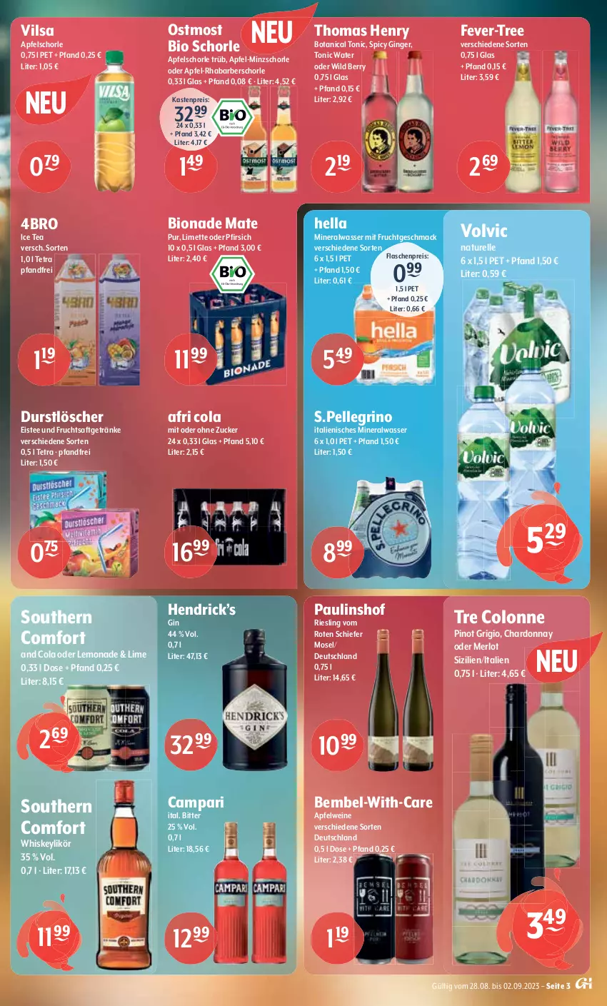 Aktueller Prospekt Getraenke Hoffmann - Prospekte - von 28.08 bis 02.09.2023 - strona 3 - produkty: Afri Cola, Alpirsbacher, Alwa, apfel, Apfelschorle, apfelwein, bier, bio, bionade, burger, campari, chardonnay, cola, durstlöscher, eis, eistee, elle, Engel, ente, fever-tree, flasche, frucht, fruchtsaft, fruchtsaftgetränk, getränk, getränke, gin, ginger, hella, ice tea, Lagerbier, lemonade, likör, limette, mac, merl, merlot, Mett, mineralwasser, mit frucht, natur, nuss, Paula, paulaner, pfirsich, Pinot, pinot grigio, reis, rel, rhabarber, riesling, saft, schorle, Southern Comfort, Spaten, tee, thomas henry, Ti, tonic, tonic water, vilsa, volvic, wasser, weihenstephan, wein, weine, whiskey, Wild, wild berry, zucker