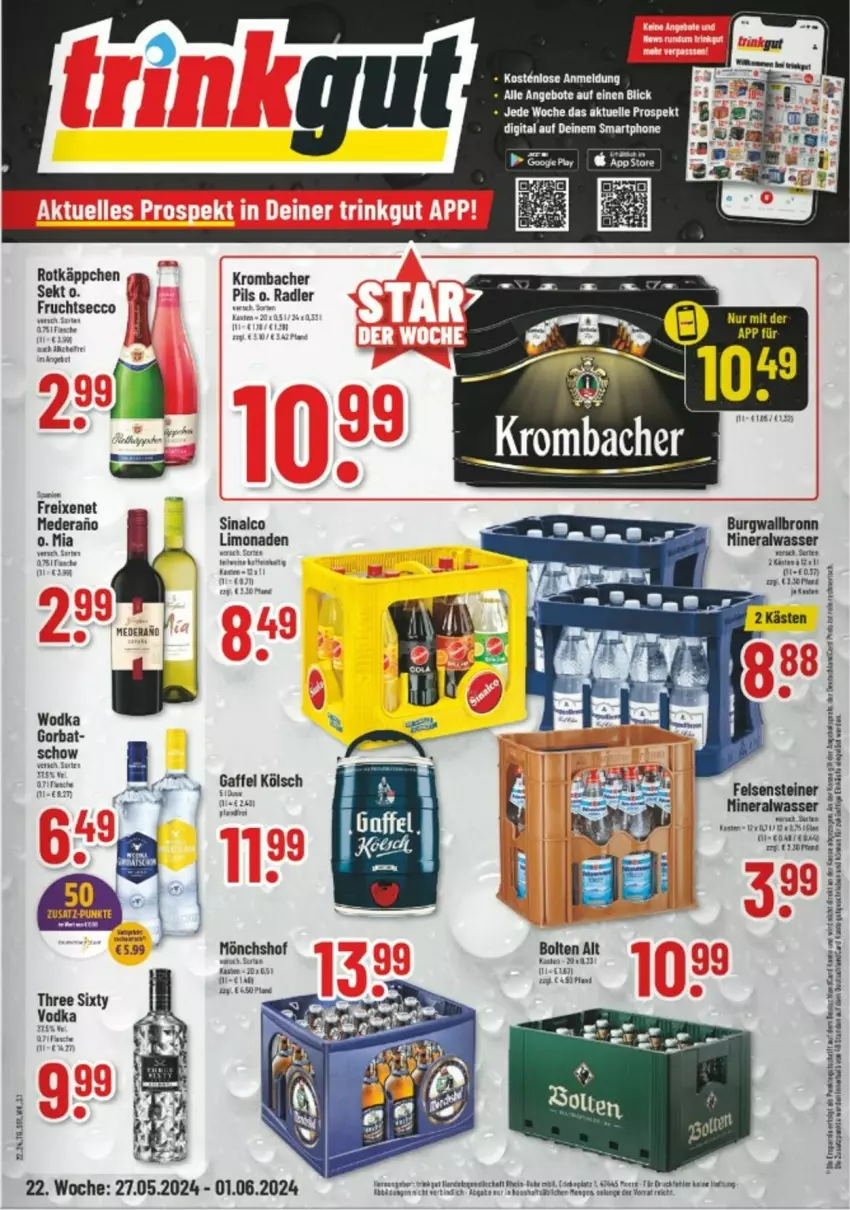 Aktueller Prospekt Trinkgut - Prospekte - von 27.05 bis 01.06.2024 - strona 1 - produkty: Alwa, angebot, angebote, Bau, burgwallbronn, ecco, eis, elle, erde, freixenet, frucht, fruchtsecco, krombache, krombacher, LG, limo, limonade, limonaden, mönchshof, pils, radler, rotkäppchen, Schal, sekt, sinalco, smartphone, steiner, Tasche, Three Sixty, Ti, tuc, vodka, wasser, wodka