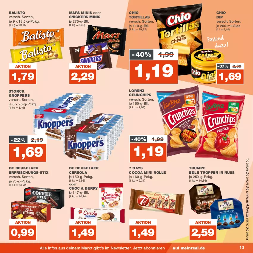 Aktueller Prospekt Real - von 21.08 bis 26.08.2023 - strona 13 - produkty: balisto, chips, crunchips, de beukelaer, dip, knoppers, lorenz, lorenz crunchips, mars, nuss, rum, snickers, storck, Ti, tortilla, tortillas