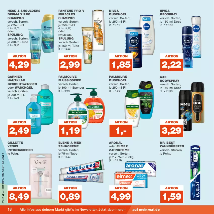 Aktueller Prospekt Real - von 21.08 bis 26.08.2023 - strona 18 - produkty: axe, blend-a-med, body, bodyspray, bürste, bürsten, creme, deo, deospray, Dr. Best, duschgel, elmex, flüssigseife, garnier, Gesichtswasser, gillette, gillette venus, nivea, olive, palmolive, pantene, pantene pro-v, Pflegespülung, pro-v, rasierer, Seife, shampoo, spülung, Ti, venus, waschgel, wasser, zahnbürste, zahnbürsten, zahncreme