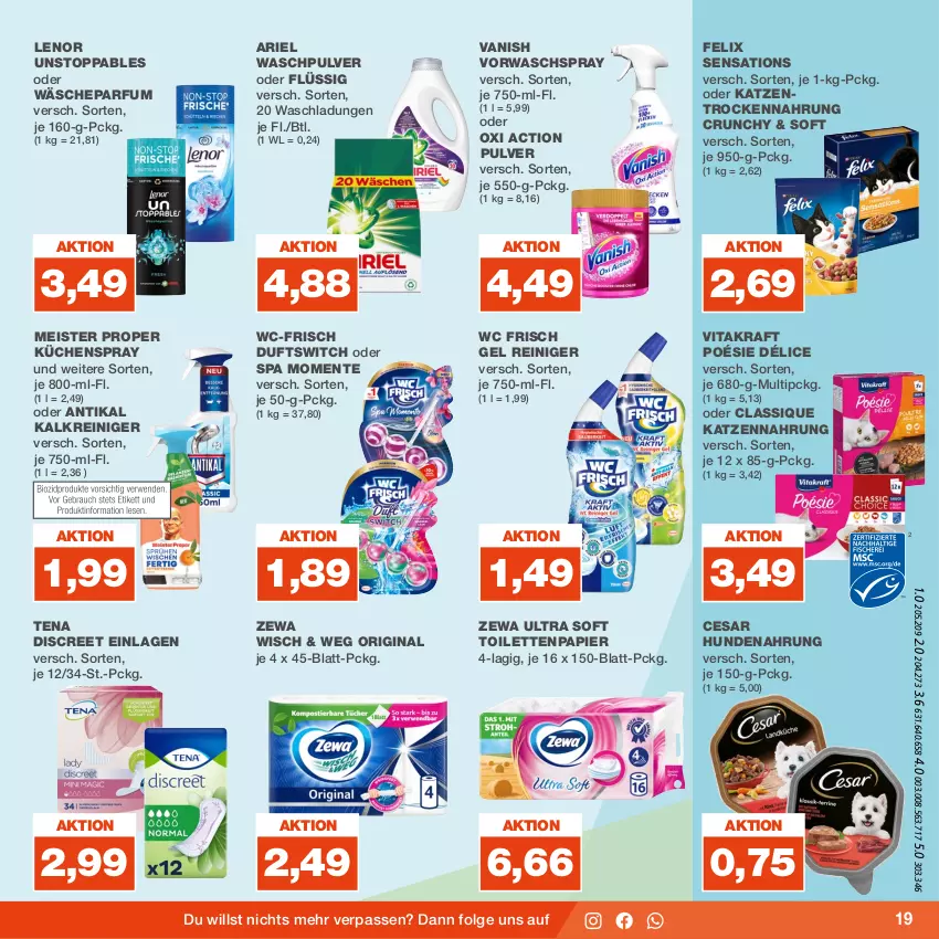 Aktueller Prospekt Real - von 21.08 bis 26.08.2023 - strona 19 - produkty: ariel, Discreet, eis, ente, felix, gin, HP, hundenahrung, Kalkreiniger, katzennahrung, kraft, küche, Küchen, lenor, LG, Meister, meister proper, oxi action, papier, parfum, reiniger, sensations, Ti, toilettenpapier, Trockennahrung, vanish, vita, vitakraft, Waschpulver, wc frisch, zewa