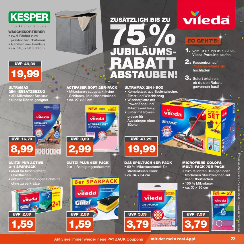 Aktueller Prospekt Real - von 21.08 bis 26.08.2023 - strona 23 - produkty: bambus, bodenwischer, coupon, coupons, eimer, Jubiläums, latte, mikrofaser, payback, rama, reifen, Reinigung, ring, schwamm, Ti, Tiere, tisch, tuc, vileda