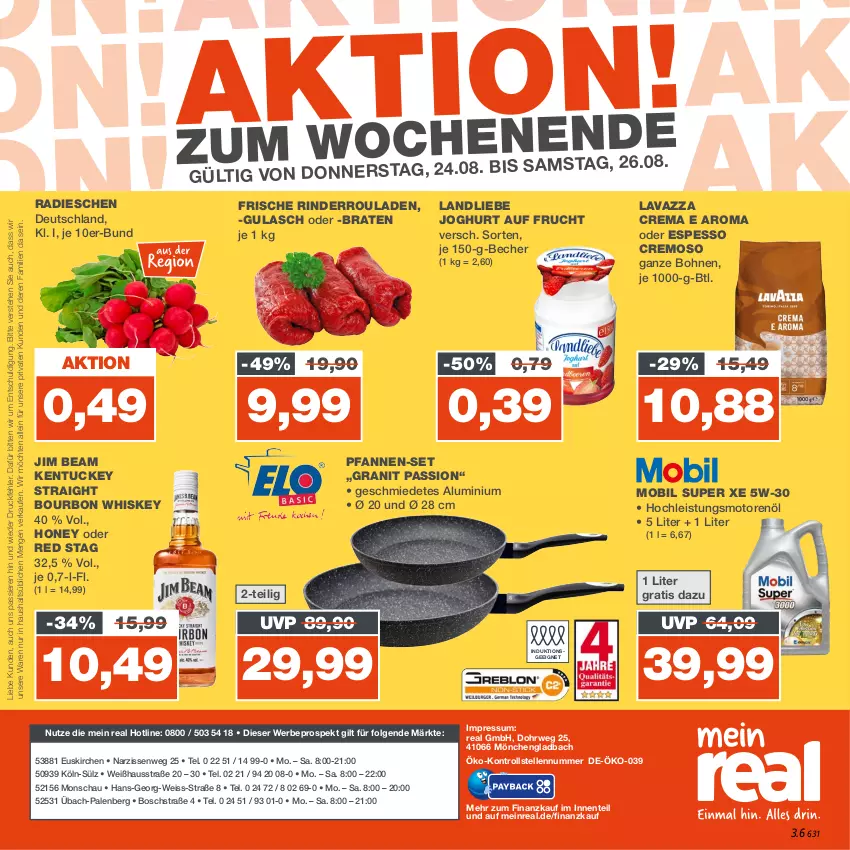 Aktueller Prospekt Real - von 21.08 bis 26.08.2023 - strona 28 - produkty: Becher, bohne, bohnen, bosch, bourbon, bourbon whiskey, braten, eis, elle, ente, frucht, gulasch, jim beam, joghur, joghurt, landliebe, landliebe joghurt, lavazza, LG, motorenöl, Narzissen, pfanne, pfannen, pfannen-set, radieschen, rind, rinder, Rinderroulade, rinderrouladen, rouladen, rwe, Ti, tuc, whiskey