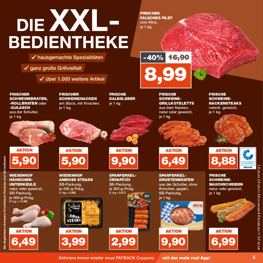 Aktueller Prospekt Real - von 21.08 bis 26.08.2023 - strona 5 - produkty: Bau, bauchscheiben, boss, braten, coupon, coupons, eis, Falsches Filet, filet, fleisch, gewürz, grill, grillkotelett, grillkoteletts, gulasch, Kalbsleber, kotelett, krustenbraten, Nackensteak, nackensteaks, natur, payback, rind, rollbraten, schwein, schweine, Schweinebauch, schweinebauchscheiben, schweinebraten, schweinenacken, steak, steaks, Ti, wein, weine, wiesenhof