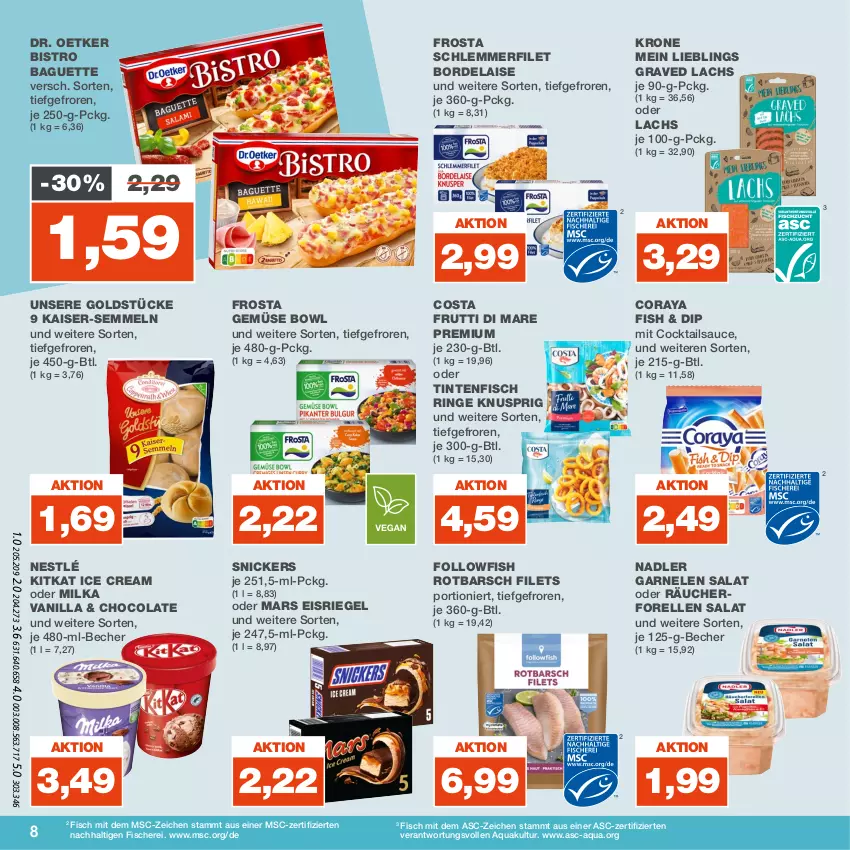 Aktueller Prospekt Real - von 21.08 bis 26.08.2023 - strona 8 - produkty: aqua, baguette, Becher, Bistro Baguette, bordelaise, cocktail, cocktails, cola, dip, Dr. Oetker, eis, Eisriegel, elle, filet, filets, fisch, fische, Fischer, followfish, forelle, frosta, frutti di mare, garnelen, Goldstücke, Graved Lachs, Kaiser, kitkat, krone, lachs, mars, milka, nadler, nestlé, rel, riegel, ring, Rotbarsch, salat, sauce, Schere, schlemmerfilet, Semmel, snickers, Ti