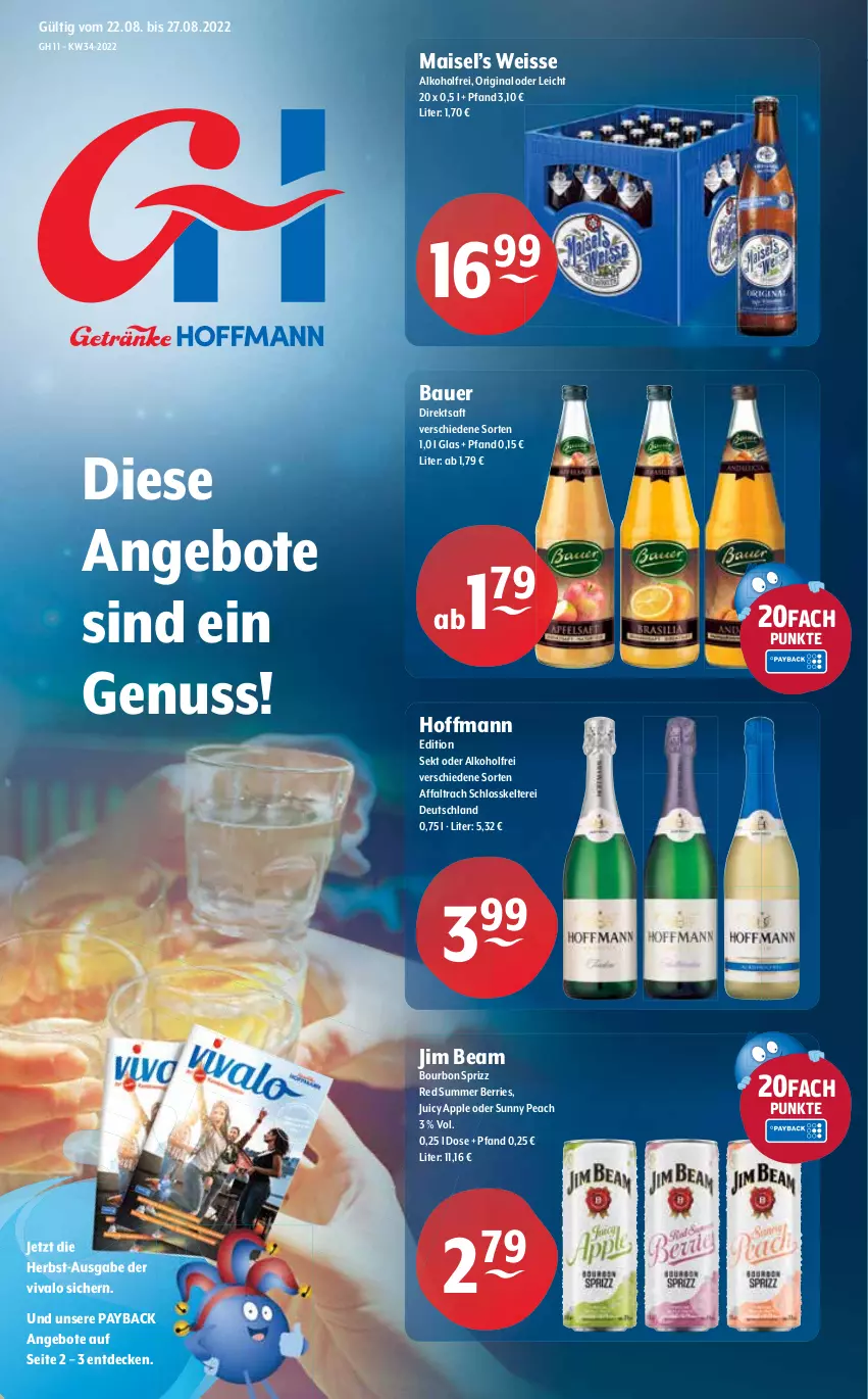 Aktueller Prospekt Getraenke Hoffmann - Prospekte - von 22.08 bis 27.08.2022 - strona 1 - produkty: alkohol, angebot, angebote, Apple, auer, Bau, Bauer, bourbon, decke, direktsaft, eis, gin, jim beam, mais, nuss, payback, saft, sekt, Sprizz, Ti