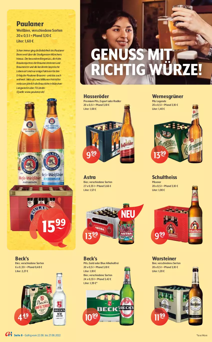 Aktueller Prospekt Getraenke Hoffmann - Prospekte - von 22.08 bis 27.08.2022 - strona 8 - produkty: alkohol, altenburger, Astra, auer, aust, bier, Biere, burger, eis, elle, Engel, gin, Guinness, hasseröder, Hefe, Kilkenny, krombache, krombacher, LG, lion, Meister, natur, nuss, oder radler, Paula, paulaner, pils, pilsener, premium pils, radler, rwe, Schultheiss, steiner, Ti, veltins, warsteiner