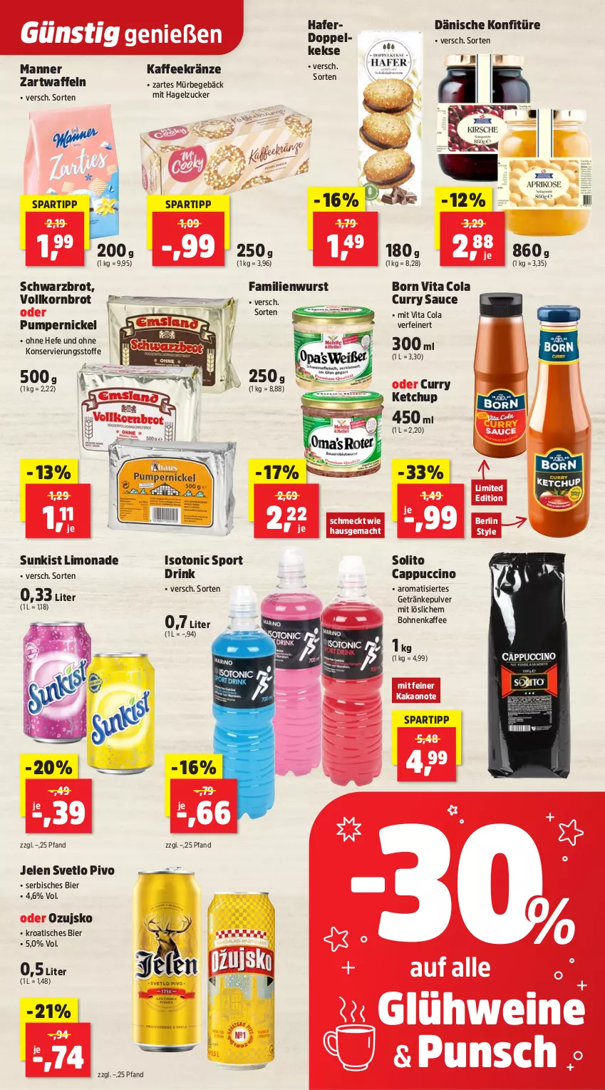 Aktueller Prospekt Thomas Philipps - von 05.01 bis 10.01.2026 - strona 7 - produkty: bier, bohne, bohnen, bohnenkaffee, brot, Cap, cappuccino, cin, cola, curry, drink, getränk, getränke, Glühwein, hafer, Hefe, kaffee, kakao, keks, kekse, ketchup, konfitüre, korn, Kornbrot, limo, limonade, mac, Manner, Pumpernickel, sauce, Schwarzbrot, spartipp, Sport, Ti, tisch, tonic, vita, Vita C, vollkornbrot, waffeln, wein, weine, wurst, zucker