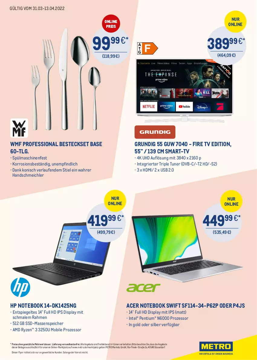 Aktueller Prospekt Metro - ONLINE-MARKTPLATZ - von 31.03 bis 30.04.2022 - strona 3 - produkty: acer, angebot, angebote, besteck, besteckset, dvb, eis, grundig, HDMI, HP, ilag, Intel, Laufen, LG, Metro, ndk, notebook, Pentium, reis, Ria, rwe, ryzen, spiegel, spülmaschinen, ssd, Ti, tuner, uhd, usb, versandkostenfrei, WMF