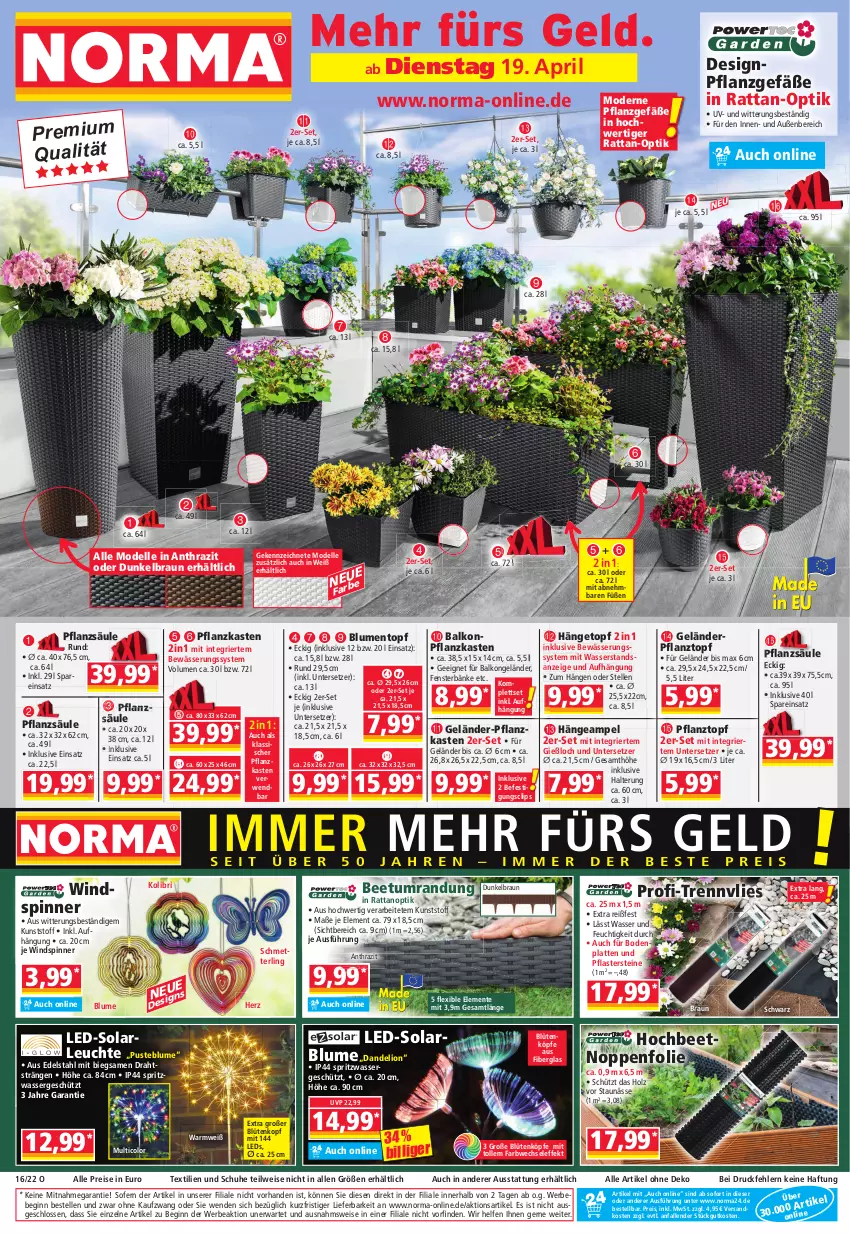 Aktueller Prospekt Norma - Norma - von 19.04 bis 26.04.2022 - strona 1 - produkty: Bebe, Beetumrandung, blume, blumen, Blüte, Bodenplatte, braun, dell, Draht, edelstahl, eis, elle, ente, fenster, gin, Hängeampel, Hängetopf, Holz, latte, led-solarleuchte, leds, Leuchte, lion, Mett, Mode, ndk, Pflanzkasten, Pflanztopf, pflaster, Pflastersteine, pril, reis, rwe, Schmetterling, schuhe, solarleuchte, Ti, topf, Untersetzer, wasser