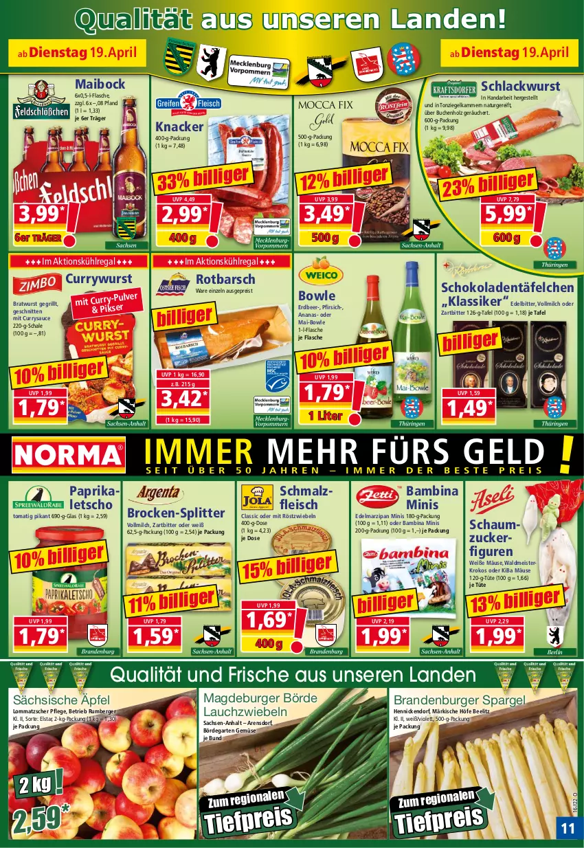 Aktueller Prospekt Norma - Norma - von 19.04 bis 26.04.2022 - strona 11 - produkty: ananas, Berger, bowle, bratwurst, Brock, buch, burger, curry, currywurst, Edelmarzipan, eis, flasche, fleisch, Garten, grill, Holz, knacker, kühlregal, lack, Lauchzwiebel, lauchzwiebeln, Letscho, malz, marzipan, Meister, milch, mit röstzwiebeln, natur, paprika, pfirsich, pril, regal, reis, röstzwiebeln, Rotbarsch, rum, sac, sauce, Schal, Schale, Schaumzucker, Schmalz, schnitten, schoko, schokolade, schokoladen, spargel, Ti, tiefpreis, Tüte, vollmilch, waldmeister, wurst, zucker, zwiebel, zwiebeln