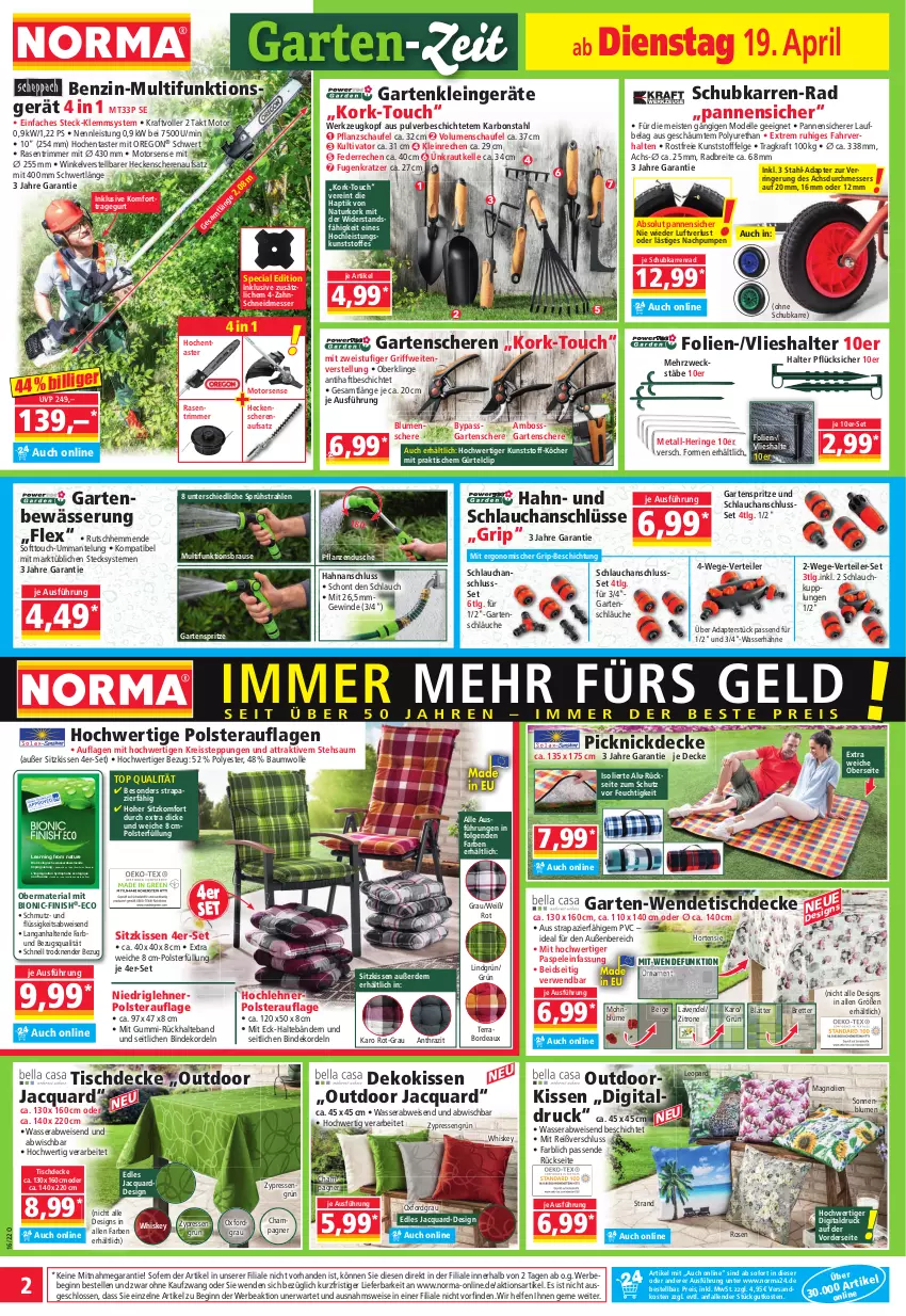 Aktueller Prospekt Norma - Norma - von 19.04 bis 26.04.2022 - strona 2 - produkty: adapter, Bau, baumwolle, Bebe, bio, blume, blumen, boss, brause, Brei, champagne, champagner, decke, dekokissen, dell, dusche, eis, elle, erde, Finish, Garten, Gartenschere, gin, heckenschere, hering, hortensie, HP, kissen, kraft, Kraut, lavendel, LG, Mantel, messer, Mode, Motorsense, natur, ndk, pflanze, pflanzen, picknickdecke, pril, rasen, rasentrimmer, reis, reiss, rezept, Ria, ring, rosen, rwe, Schere, schlauch, schläuche, sitzkissen, sonnenblume, sonnenblumen, Ti, tisch, tischdecke, wasser, weck, werkzeug, whiskey, wolle, zitrone