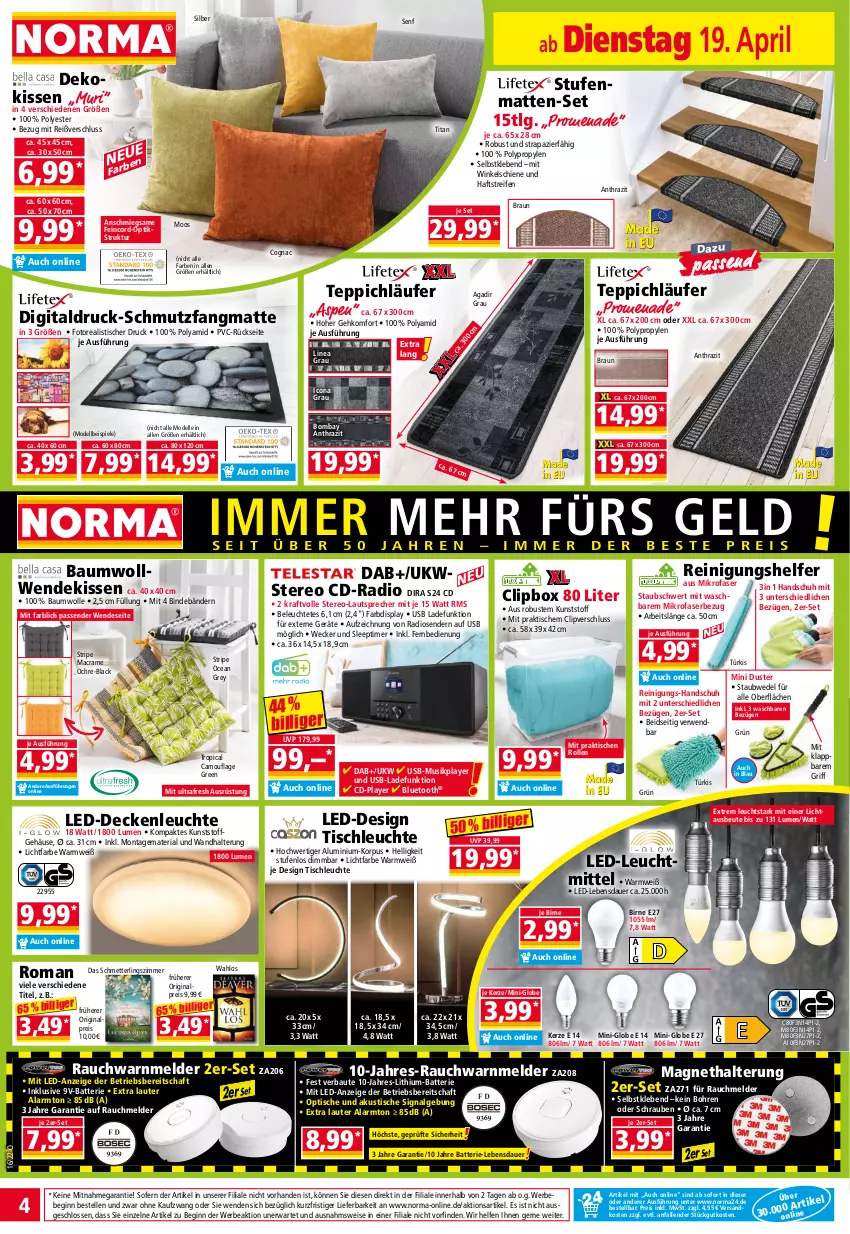 Aktueller Prospekt Norma - Norma - von 19.04 bis 26.04.2022 - strona 4 - produkty: auer, batterie, Bau, baumwolle, Bebe, braun, Cognac, decke, deckenleuchte, dekokissen, dell, eis, elle, fernbedienung, gin, kerze, kissen, kraft, lack, Läufer, lautsprecher, led-deckenleuchte, Leuchte, leuchtmittel, LG, mac, Mett, mikrofaser, Mode, ndk, pril, Radio, Rauch, reifen, Reinigung, reis, Ria, rwe, Schmetterling, schmutzfangmatte, schrauben, senf, Signal, Spiele, staubwedel, Stufenmatten, teppich, Ti, timer, tisch, tischleuchte, usb, wandhalterung, weck, wedel, wolle