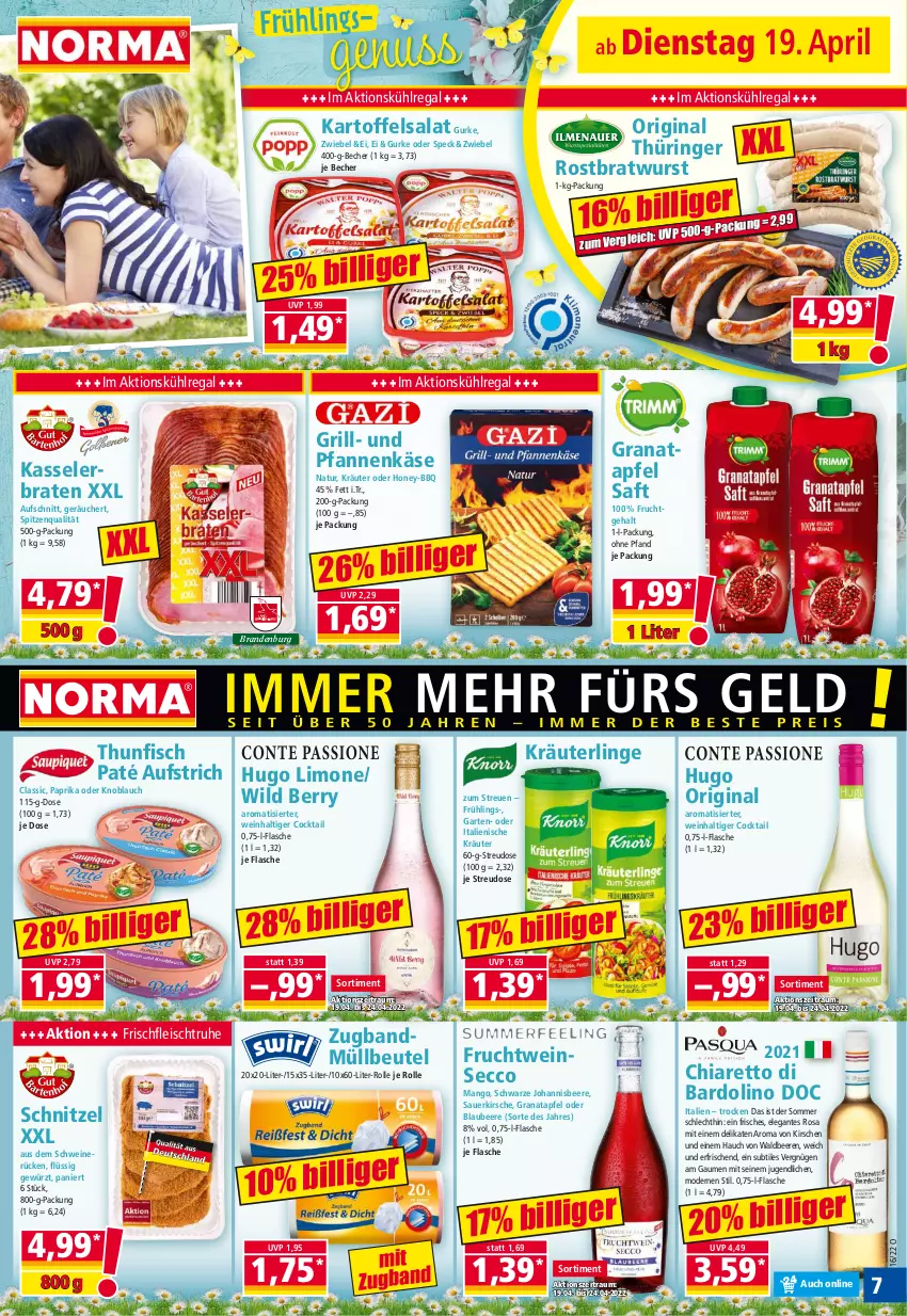 Aktueller Prospekt Norma - Norma - von 19.04 bis 26.04.2022 - strona 7 - produkty: apfel, auer, aufschnitt, aufstrich, Becher, beere, beeren, beutel, Blaubeer, blaubeere, braten, bratwurst, chia, cocktail, ecco, eis, fisch, flasche, fleisch, frucht, Garten, gewürz, gin, grana, granatapfel, grill, gurke, hugo, johannisbeere, kartoffel, kartoffelsalat, Käse, kasseler, Kasselerbraten, kirsch, kirsche, kirschen, knoblauch, kräuter, kühlregal, limo, mango, Mode, müllbeutel, natur, nuss, original thüringer, paprika, pfanne, pfannen, pfannenkäse, pril, Rana, regal, ring, rostbratwurst, saft, salat, schnitzel, schwein, schweine, schweinerücken, Speck, spitzenqualität, thunfisch, thüringer rostbratwurst, Ti, und pfanne, wein, weine, Wild, wild berry, wurst, zwiebel