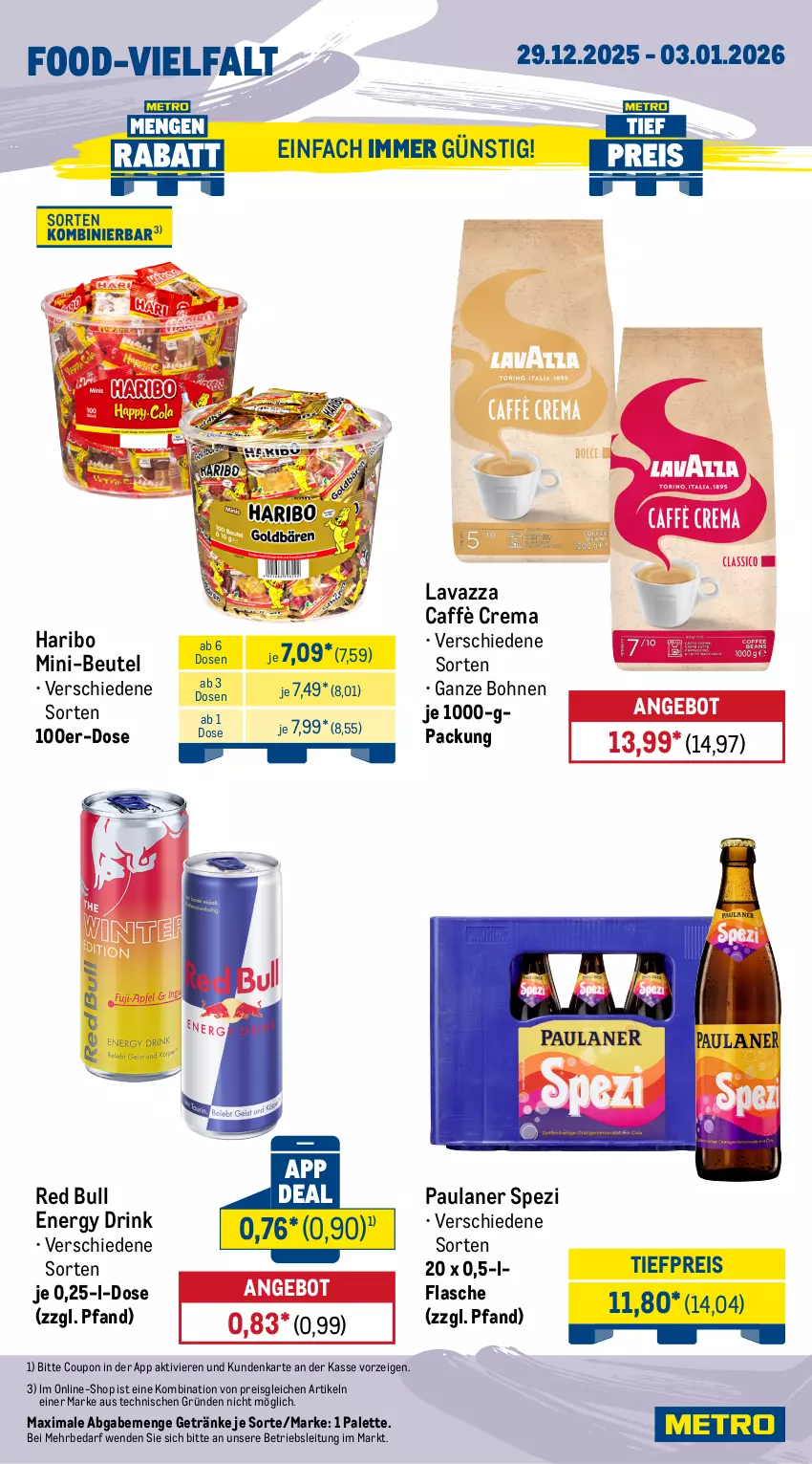 Aktueller Prospekt Metro - Wochen-Angebote Gastro - von 29.12.2025 bis 03.01.2026 - strona 13 - produkty: angebot, beutel, bohne, bohnen, caffè crema, coupon, drink, eis, energy drink, flasche, getränk, getränke, haribo, lavazza, Palette, Paula, paulaner, red bull, reis, Spezi, Ti, tiefpreis