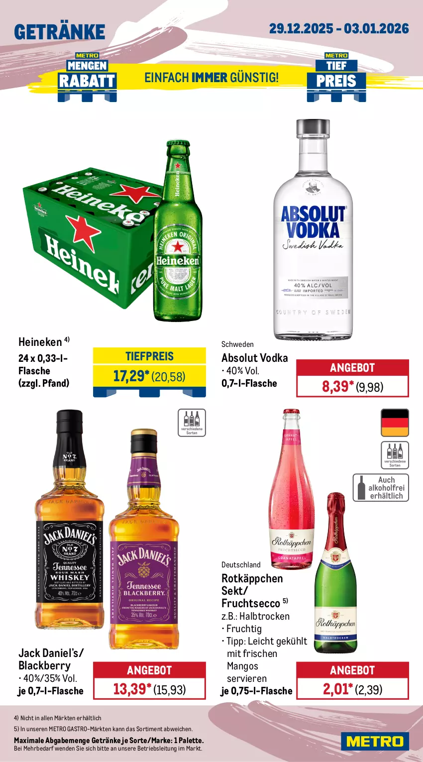 Aktueller Prospekt Metro - Wochen-Angebote Gastro - von 29.12.2025 bis 03.01.2026 - strona 14 - produkty: Absolut Vodka, angebot, ecco, eis, flasche, frucht, fruchtsecco, getränk, getränke, heineken, jack daniel, Jack Daniel’s, lack, mango, mangos, Metro, metro gastro, Palette, reis, rotkäppchen, sekt, Ti, tiefpreis, vodka