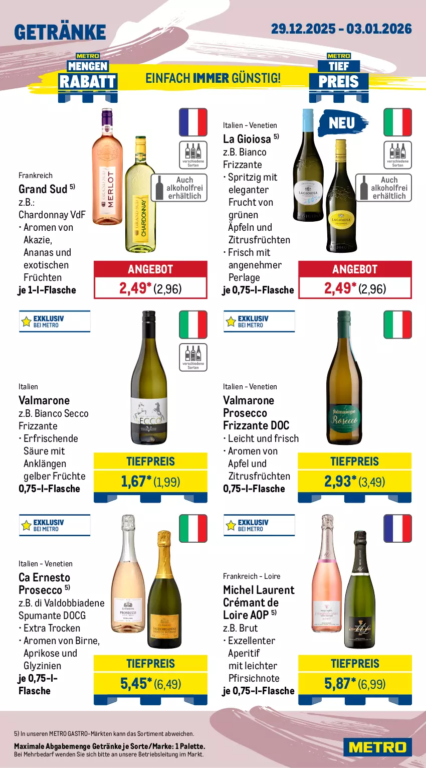 Aktueller Prospekt Metro - Wochen-Angebote Gastro - von 29.12.2025 bis 03.01.2026 - strona 15 - produkty: ananas, angebot, aperitif, apfel, aprikose, brut, chardonnay, crémant de loire, ecco, eis, elle, ente, ernesto, flasche, frizzante, frucht, früchte, früchten, getränk, getränke, grand sud, La Gioiosa, Metro, metro gastro, Palette, perla, pfirsich, prosecco, puma, reis, spumante, Ti, tiefpreis, tisch, valdo