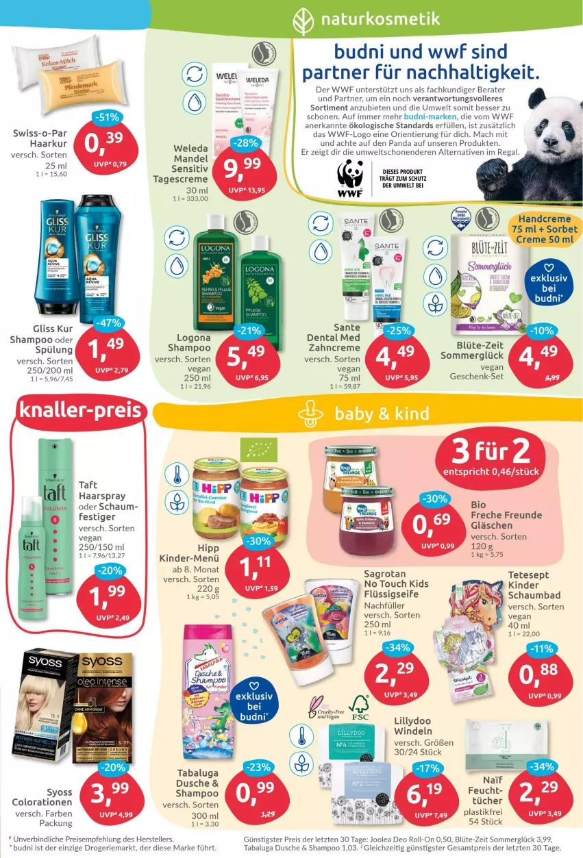 Aktueller Prospekt Budni - Prospekte - von 20.06 bis 25.06.2022 - strona 3 - produkty: asti, Bad, bio, Blüte, Colorationen, creme, deo, deo roll-on, dusche, eis, elle, flüssigseife, freche freunde, Gesichtscreme, gliss, gliss kur, haarspray, handcreme, Kinder, kosmetik, mac, mandel, natur, naturkosmetik, regal, reis, roll-on, SANTE, schaumbad, Seife, shampoo, Sorbet, spülung, Swiss-o-Par, Taft, tagescreme, teller, Ti, vita, Vitamin D, weleda, windeln, zahncreme, ZTE