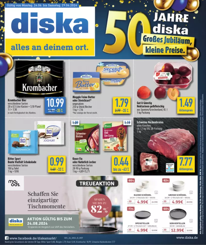 Aktueller Prospekt Diska - von 24.06 bis 29.06.2024 - strona 1 - produkty: aktionspreis, angebot, angebote, Becher, bier, braten, butter, eier, eis, elle, ente, fleisch, knorr, knorr fix, krombache, krombacher, leine, meggle, Nektar, nektarinen, reis, ritter, ritter sport, salz, schoko, schokolade, schüssel, schwein, schweine, Speiseteller, Sport, Streichzart, teller, Ti, tisch, wein, weine