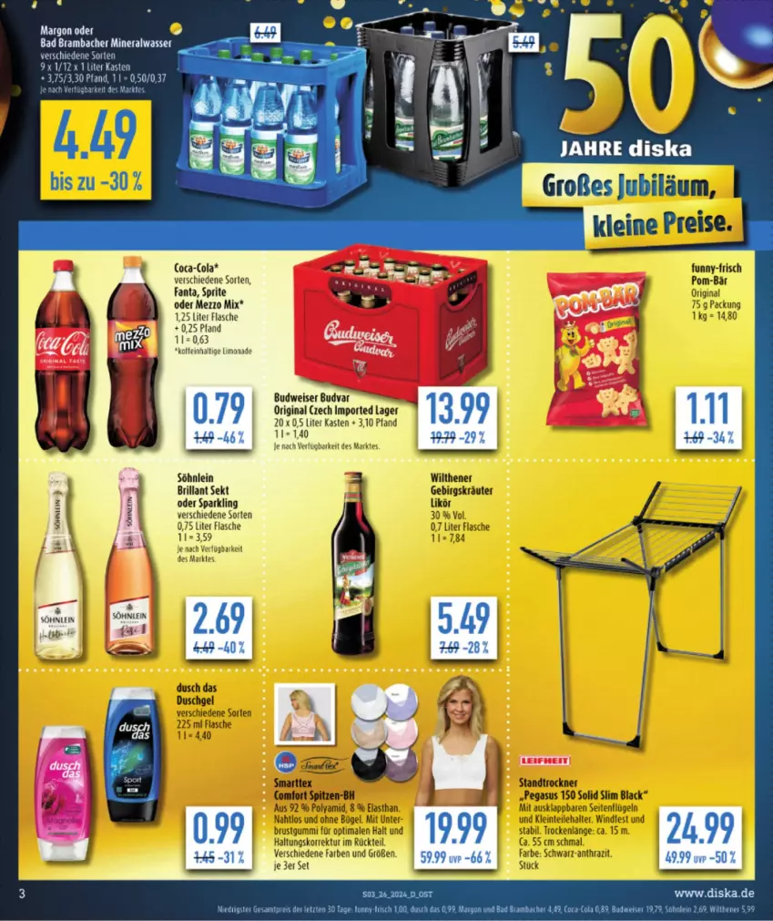 Aktueller Prospekt Diska - von 24.06 bis 29.06.2024 - strona 3 - produkty: Alwa, Bad, brillant sekt, budweiser, eis, fanta, flasche, gin, limo, limonade, Mezzo Mix, mineralwasser, sekt, söhnlein, söhnlein brillant, sprite, Ti, wasser, wilthener