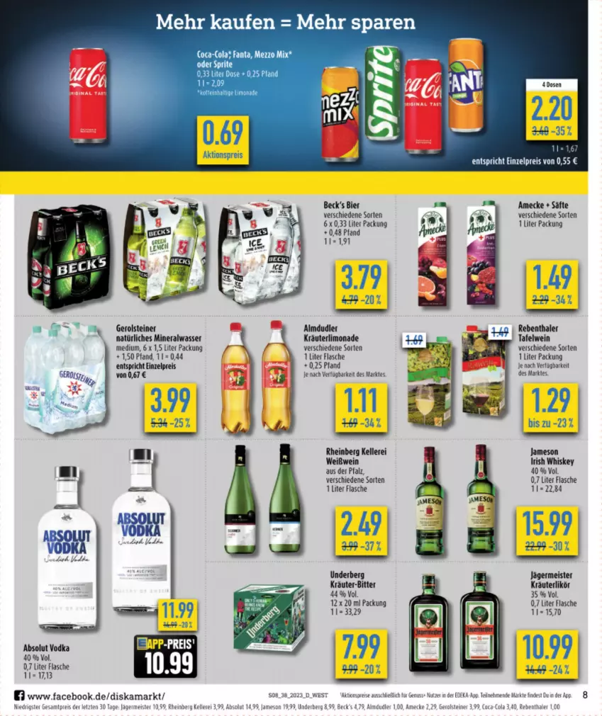 Aktueller Prospekt Diska - Prospekte - von 18.09 bis 23.09.2023 - strona 8 - produkty: Absolut Vodka, aktionspreis, almdudler, Alwa, amecke, bier, deka, eis, elle, fanta, flasche, Germ, gerolsteine, gerolsteiner, irish whiskey, jägermeister, jameson, kräuter, kräuterlikör, likör, limo, limonade, Meister, mineralwasser, natürliches mineralwasser, nuss, reis, säfte, steiner, Ti, underberg, vodka, wasser, wein, Weißwein, whiskey, ZTE