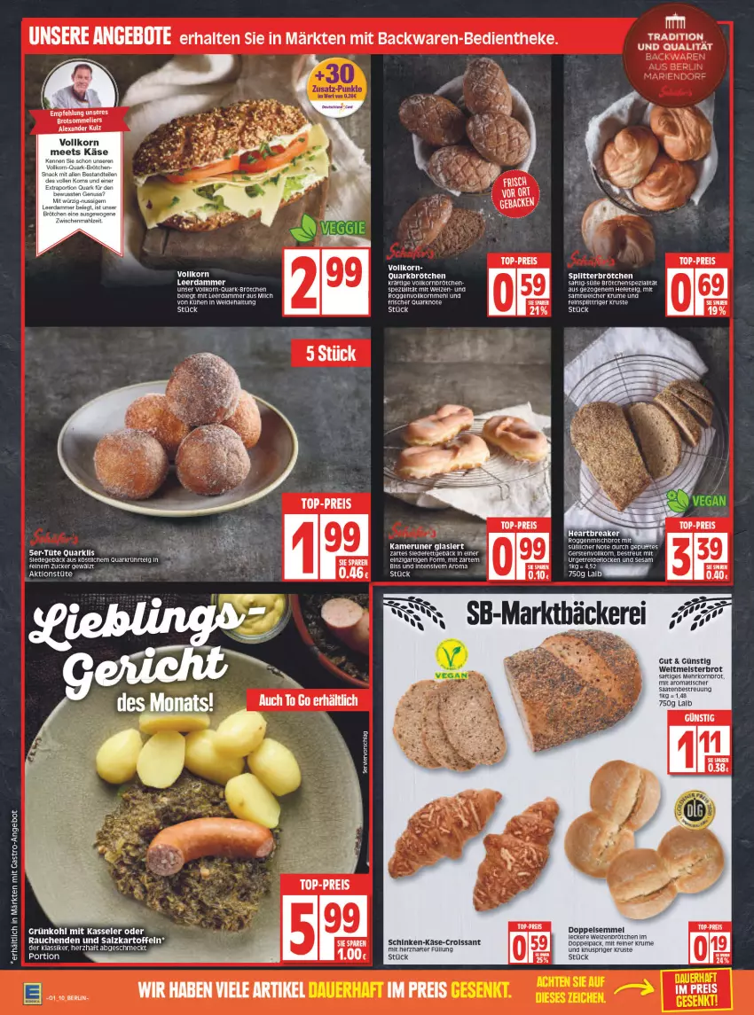 Aktueller Prospekt Edeka - Angebote der Woche - von 03.01 bis 08.01.2022 - strona 10 - produkty: alexa, angebot, backwaren, brot, brötchen, Croissant, eis, Hefe, kartoffel, kartoffeln, Käse, kasseler, korn, Kornbrot, leerdammer, LG, Meister, nuss, quark, Rauch, reis, rel, rum, saft, salz, schinken, Semmel, sesam, snack, Ti, tisch, top-preis, weltmeisterbrot, zucker