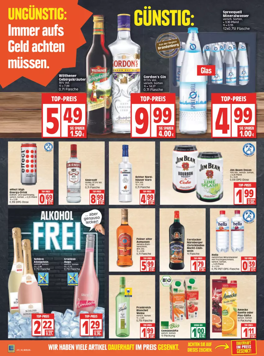 Aktueller Prospekt Edeka - Angebote der Woche - von 03.01 bis 08.01.2022 - strona 18 - produkty: Alwa, amecke, Berger, bourbon, drink, Effect, flasche, frucht, hella, hugo, jim beam, Kindle, korn, mac, mineralwasser, mit frucht, natürliches mineralwasser, nürnberger, säfte, smirnoff, Spreequell, Ti, wasser, wein, weine