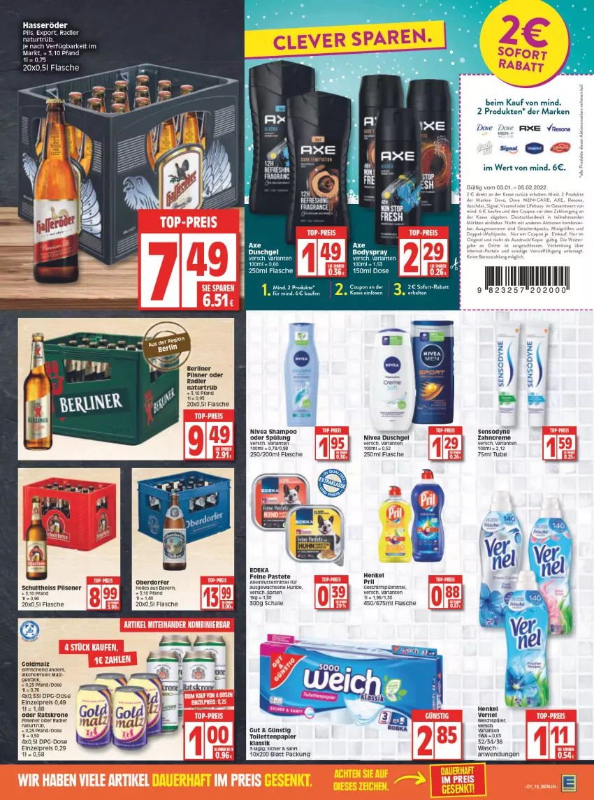 Aktueller Prospekt Edeka - Angebote der Woche - von 03.01 bis 08.01.2022 - strona 19 - produkty: alkohol, alleinfuttermittel, arla, axe, axe duschgel, berliner, Brei, coupon, creme, dove, duschdas, duschgel, eis, elle, flasche, geschirr, geschirrspülmittel, getränk, gin, hasseröder, henkel, krone, malz, natur, nivea, oder radler, papier, pastete, pils, pilsener, pril, radler, reis, rel, rexona, Ria, Schal, Schale, Schultheiss, sensodyne, shampoo, shampoo oder spülung, Signal, sim, sofort-rabatt, spülmittel, spülung, Ti, Vase, vernel, weichspüler, zahncreme