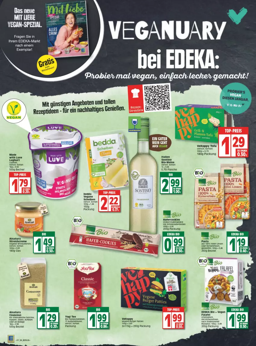 Aktueller Prospekt Edeka - Angebote der Woche - von 03.01 bis 08.01.2022 - strona 4 - produkty: angebot, angebote, aufstrich, Becher, beutel, bio, Bio-Wein, brot, brotaufstrich, burger, couscous, deka, edeka bio, elle, erbsen, Falafel, flasche, hafer, kichererbsen, korn, linsen, mac, natur, natura, pasta, rezept, salat, salate, schoko, schokolade, schokoladen, suppe, suppen, tee, Ti, Tofu, wein, weine, Yo