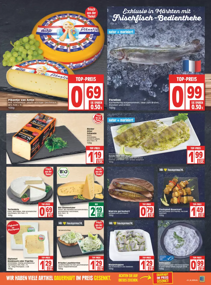 Aktueller Prospekt Edeka - Angebote der Woche - von 03.01 bis 08.01.2022 - strona 9 - produkty: auer, Bau, Bauer, bio, braten, brie, dip, eis, elle, emmentaler, filet, fisch, forelle, frischkäse, gewürz, Gewürzgurke, gewürzgurken, grill, gurke, gurken, hartkäse, hering, Herings, HP, ideal zum braten, joghur, joghurt, Käse, knoblauch, küche, Küchen, mac, Makrele, matjes, paprika, Rauch, reis, rel, ring, sauce, schnitten, schnittkäse, schnittlauch, terrine, Ti, tisch, top-preis, torte, uhr, zwiebel, zwiebeln