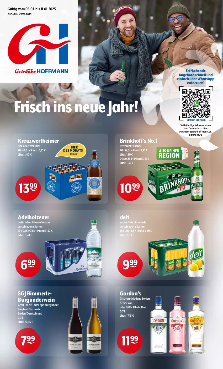 Aktueller Prospekt Getraenke Hoffmann - Prospekte - von 06.01 bis 11.01.2025 - strona 1 - produkty: adelholzener, alkohol, Alwa, angebot, angebote, Bad, bier, burgunder, decke, deit, eimer, gin, gordon, Gordon’s, Holz, limo, limonade, merl, mineralwasser, natürliches mineralwasser, pils, pilsener, premium pils, rwe, spätburgunder, Ti, wasser, wein, zucker