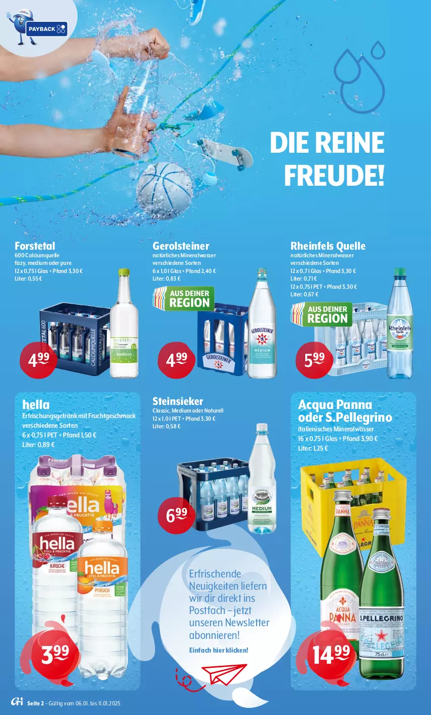 Aktueller Prospekt Getraenke Hoffmann - Prospekte - von 06.01 bis 11.01.2025 - strona 2 - produkty: Alwa, Calcium, elle, erfrischungsgetränk, Forstetal, frucht, gerolsteine, gerolsteiner, getränk, hella, mac, mineralwasser, mit frucht, natur, natürliches mineralwasser, rel, rheinfels quelle, steiner, Steinsieker, Ti, wasser