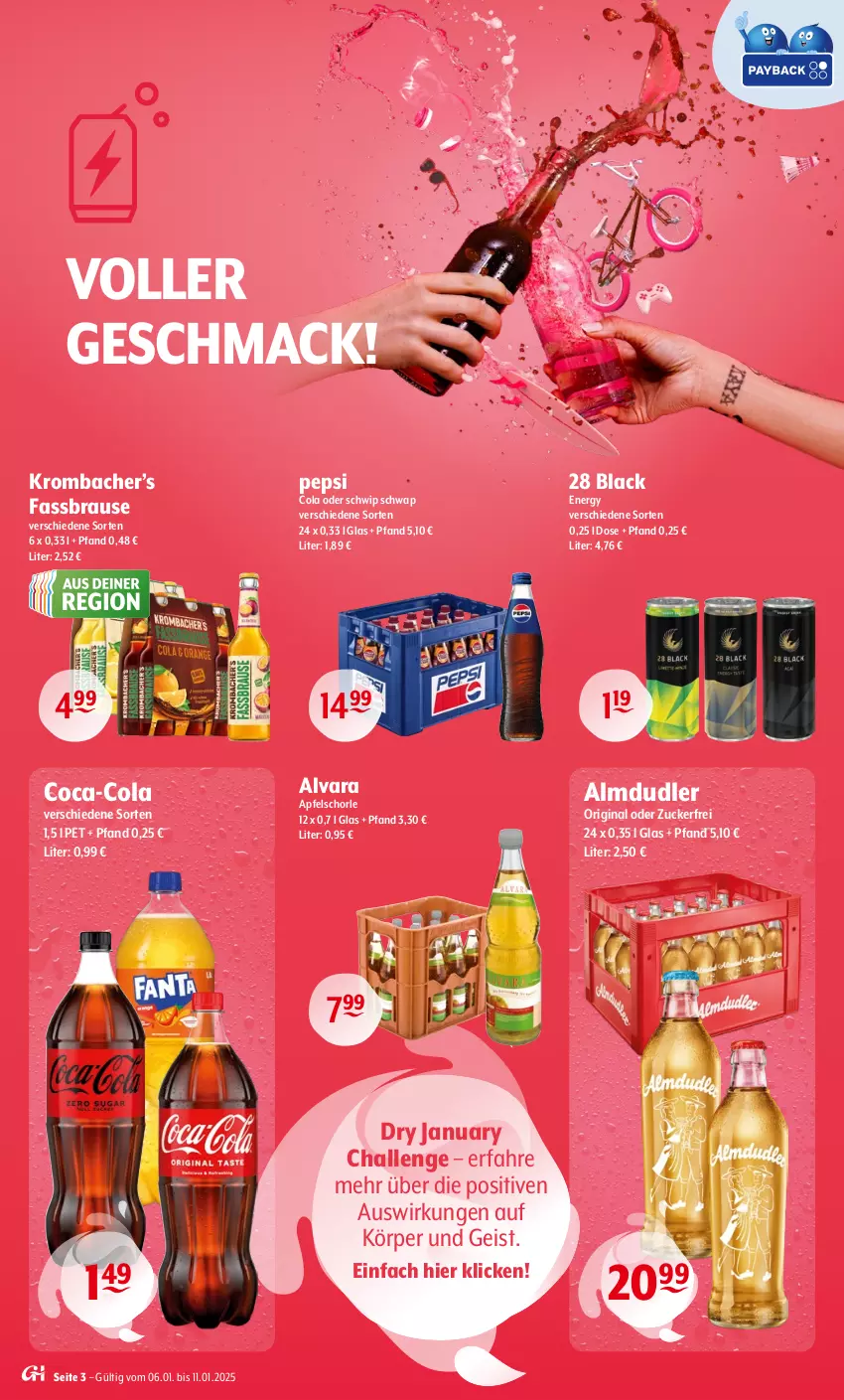 Aktueller Prospekt Getraenke Hoffmann - Prospekte - von 06.01 bis 11.01.2025 - strona 3 - produkty: almdudler, apfel, Apfelschorle, brause, coca-cola, cola, eis, fassbrause, gin, krombache, krombacher, lack, mac, pepsi, Pepsi Cola, schorle, Schwip Schwap, Ti, zucker