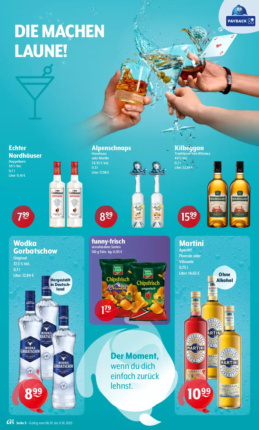 Aktueller Prospekt Getraenke Hoffmann - Prospekte - von 06.01 bis 11.01.2025 - strona 5 - produkty: alkohol, aperitif, doppelkorn, funny-frisch, gin, Gorbatschow, haselnuss, irish whiskey, kilbeggan, korn, loreal, mac, martini, nuss, ohne alkohol, Ti, Tüte, whiskey, wodka