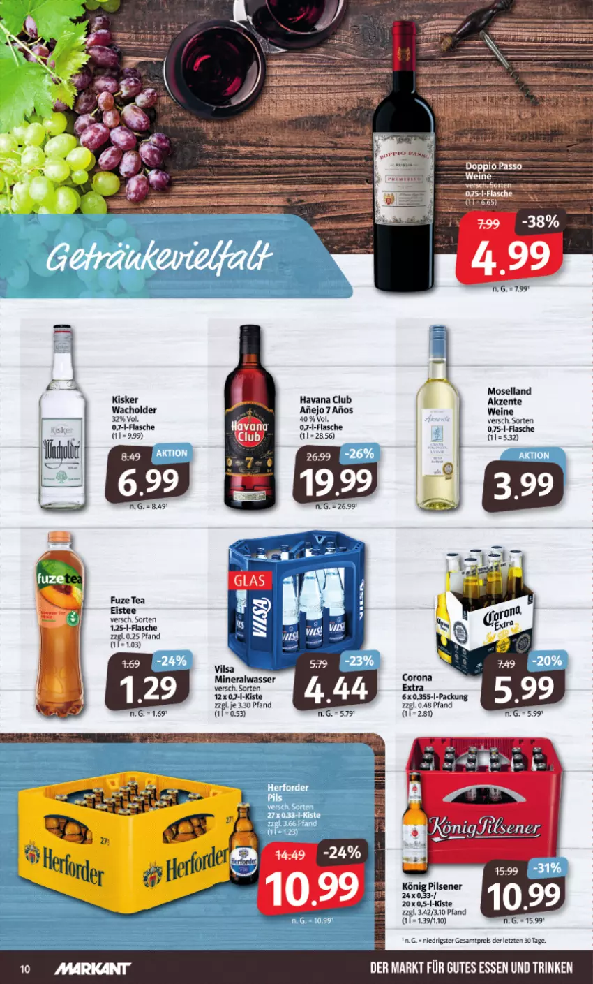 Aktueller Prospekt Markant - Prospekte - von 04.03 bis 09.03.2024 - strona 10 - produkty: Alwa, corona, corona extra, eis, eistee, ente, flasche, fuze tea, gutes essen, Havana Club, könig pilsener, mineralwasser, moselland, pils, pilsener, reis, tee, vilsa, wasser, wein, weine, ZTE