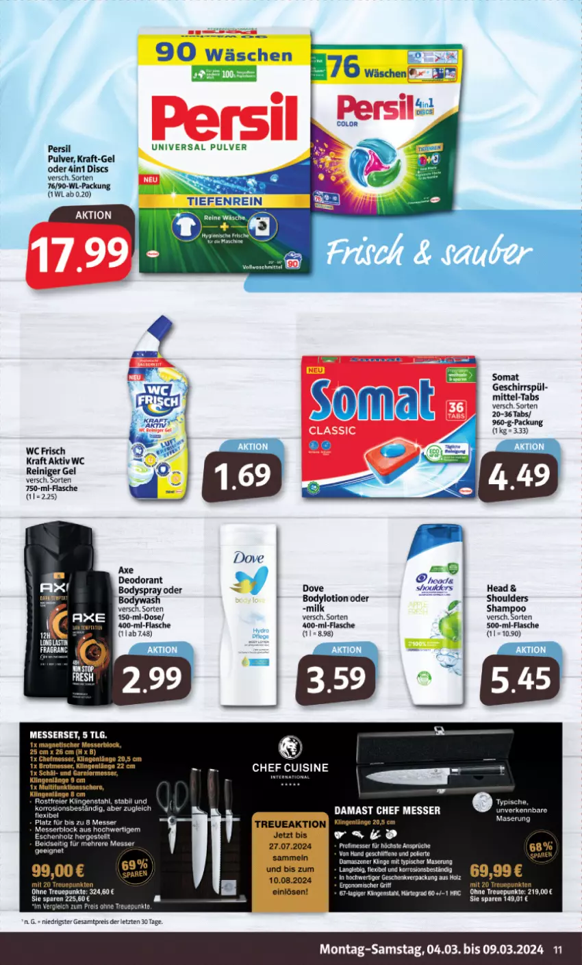 Aktueller Prospekt Markant - Prospekte - von 04.03 bis 09.03.2024 - strona 11 - produkty: axe, body, bodylotion, bodyspray, deo, deodorant, dove, eis, flasche, geschirr, Holz, kraft, Lotion, messer, persil, reiniger, reiniger gel, reis, shampoo, somat, Ti, wc frisch, WC Frisch Kraft Aktiv, ZTE