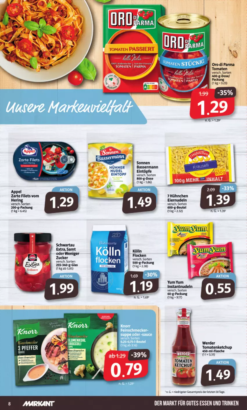 Aktueller Prospekt Markant - Prospekte - von 04.03 bis 09.03.2024 - strona 8 - produkty: eier, eiernudeln, eintopf, eintöpfe, eis, erde, filet, filets, flasche, gutes essen, hühner, ketchup, kölln, nudel, nudeln, oro di parma, reis, Schwartau, tomate, tomaten, tomatenketchup, topf, Yum Yum, ZTE