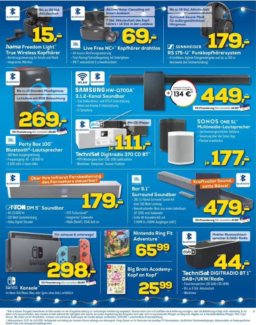 Aktueller Prospekt Euronics - Prospekte - von 22.12 bis 29.12.2021 - strona 13 - produkty: akku, alexa, Bau, Draht, eier, eis, ente, hama, jbl, kopfhörer, lautsprecher, Multimedia-Lautsprecher, nuss, Radio, rel, ring, rwe, sennheiser, smartphone, soundbar, Subwoofer, TechniSat, tee, Ti, timer, weck