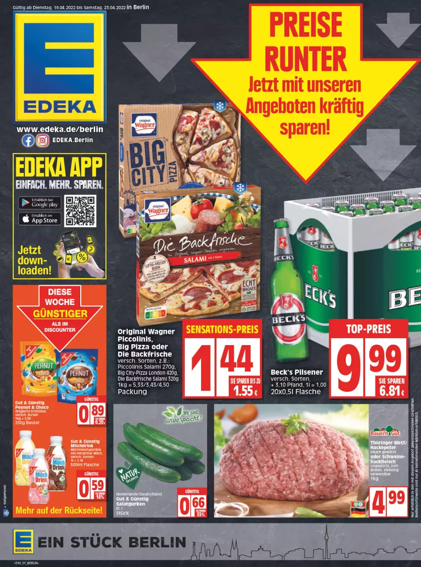 Aktueller Prospekt Edeka - Angebote der Woche - von 18.04 bis 23.04.2022 - strona 1 - produkty: angebot, beck's, deka, discount, ente, flasche, getränk, LG, piccolinis, pils, pilsener, pizza, salami, Ti