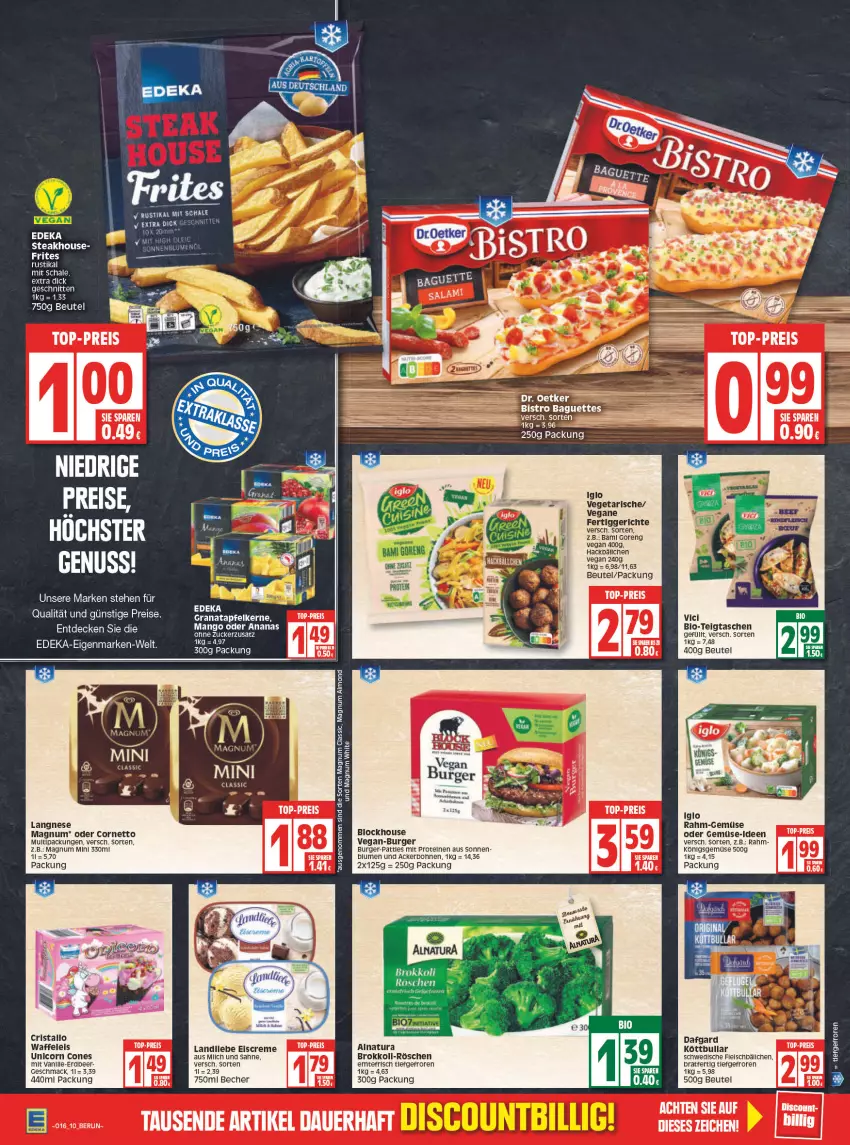 Aktueller Prospekt Edeka - Angebote der Woche - von 18.04 bis 23.04.2022 - strona 10 - produkty: ananas, apfel, baguette, baguettes, Becher, beutel, Bistro Baguette, blume, blumen, bohne, bohnen, brokkoli, burger, cornetto, creme, decke, deka, dove, eis, eiscreme, fertiggericht, fertiggerichte, grana, granatapfel, granatapfelkerne, iglo, Köttbullar, landliebe, landliebe eiscreme, langnese, LG, mac, magnum, Magnum Mini, mango, natur, natura, rahm-gemüse, Rana, reis, sahne, Schal, Schale, schnitten, steak, Tasche, taschen, Ti, top-preis, Vegeta, zucker