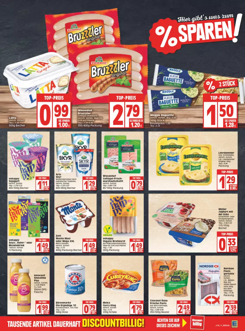 Aktueller Prospekt Edeka - Angebote der Woche - von 18.04 bis 23.04.2022 - strona 11 - produkty: arla, arla skyr, aufschnitt, aus dem kühlregal, baguette, bärenmarke, Becher, beutel, bratwurst, curry, dell, dessert, drink, eis, fisch, flasche, Frische Pasta, für grill und pfanne, Geflügel, gin, giovanni rana, grill, grill und pfanne, hafer, ideal für grill, ideal für grill und pfanne, Innocent, joghur, joghurt, joghurt mit der ecke, Käse, kondensmilch, kühlregal, leerdammer, mandel, Mandeldrink, matjes, meggle, meica, milch, monte, mortadella, Müller, Nordsee, pasta, pfanne, pflanze, pflanzen, Rana, Rauch, regal, reis, rel, Schal, Schale, schnittkäse, Skyr, soja, soya, Ti, und pfanne, vanille, wiesenhof, wurst, zott, Zott Monte