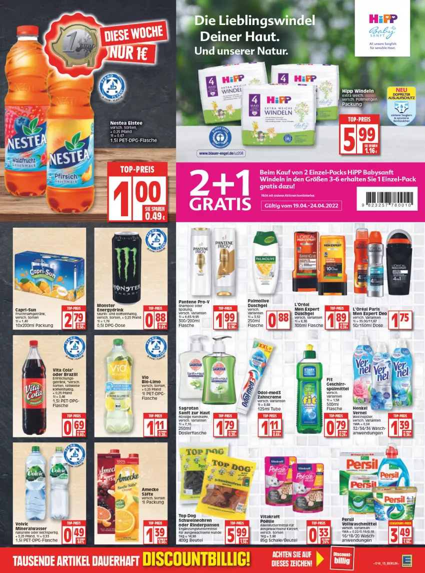 Aktueller Prospekt Edeka - Angebote der Woche - von 18.04 bis 23.04.2022 - strona 15 - produkty: alleinfuttermittel, Alwa, amecke, arla, beutel, bio, Cap, capri-sun, cola, creme, deo, discount, drink, duschgel, eis, eistee, elle, flasche, frucht, fruchtsaft, fruchtsaftgetränk, getränk, Handseife, henkel, kraft, l'oreal, limo, mineralwasser, monster, natur, Nestea, Odol, olive, palmolive, pantene, pantene pro-v, pro-v, rel, rind, rinder, saft, säfte, sagrotan, Schal, Schale, schwein, schweine, Seife, shampoo, spülmittel, spülung, tee, Ti, vernel, vita, Vita C, vitakraft, vollwaschmittel, volvic, waschmittel, wasser, wein, weine, windeln, zahncreme